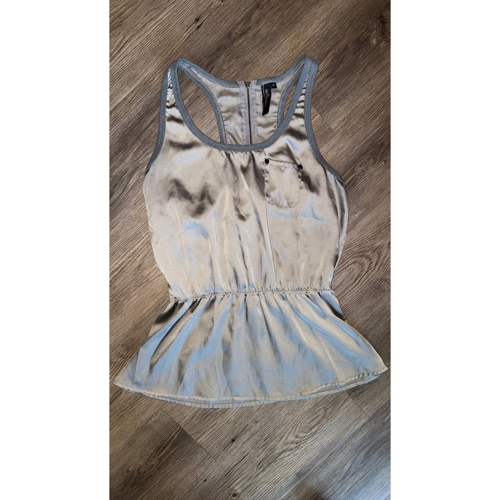 Black Poppy Silver Satin Peplum Tank Top Racerback Zipper Back Girls Medium